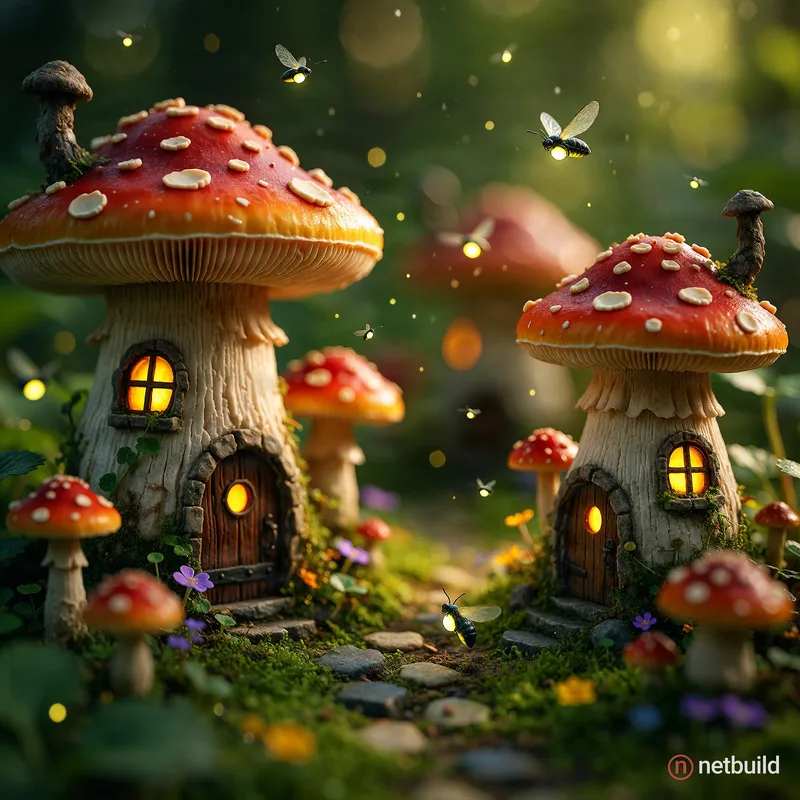 Hyper-realistic macro photography of a fantasy fairy village diorama featuring microscopic mushroom houses with …