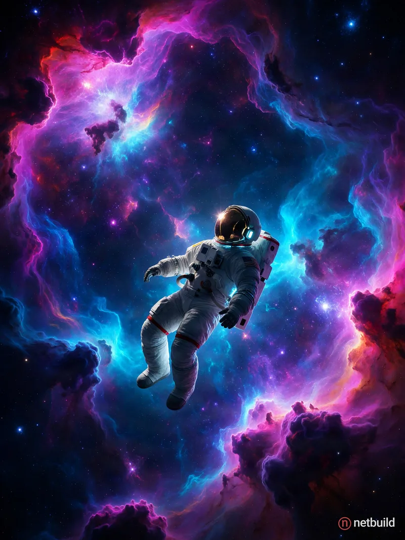 Cinematic wide shot of a lone astronaut floating weightlessly within a colossal, glowing neon nebula. Swirling clouds of …