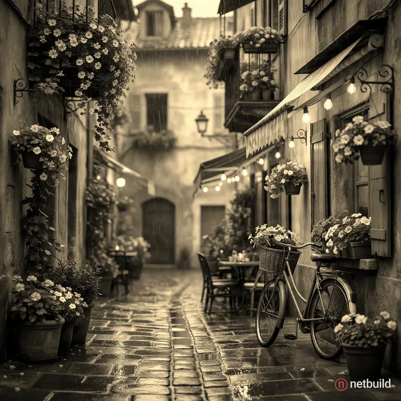 Cinematic wide shot of a narrow European alley after rain, wet cobblestone pavement reflecting soft ambient lights. …