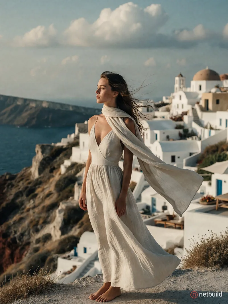Cinematic 85mm portrait of a young woman in a flowing cream linen dress and a light drifting scarf, standing on a …