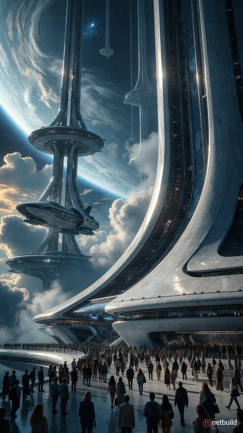 Cinematic wide-shot of a colossal sci-fi space elevator base terminal, showcasing sleek, polished futuristic …