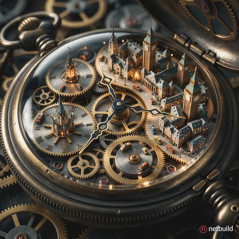 A clear 45° top-down isometric miniature 3D cartoon scene inside an open antique gold pocket watch, intricate gear …