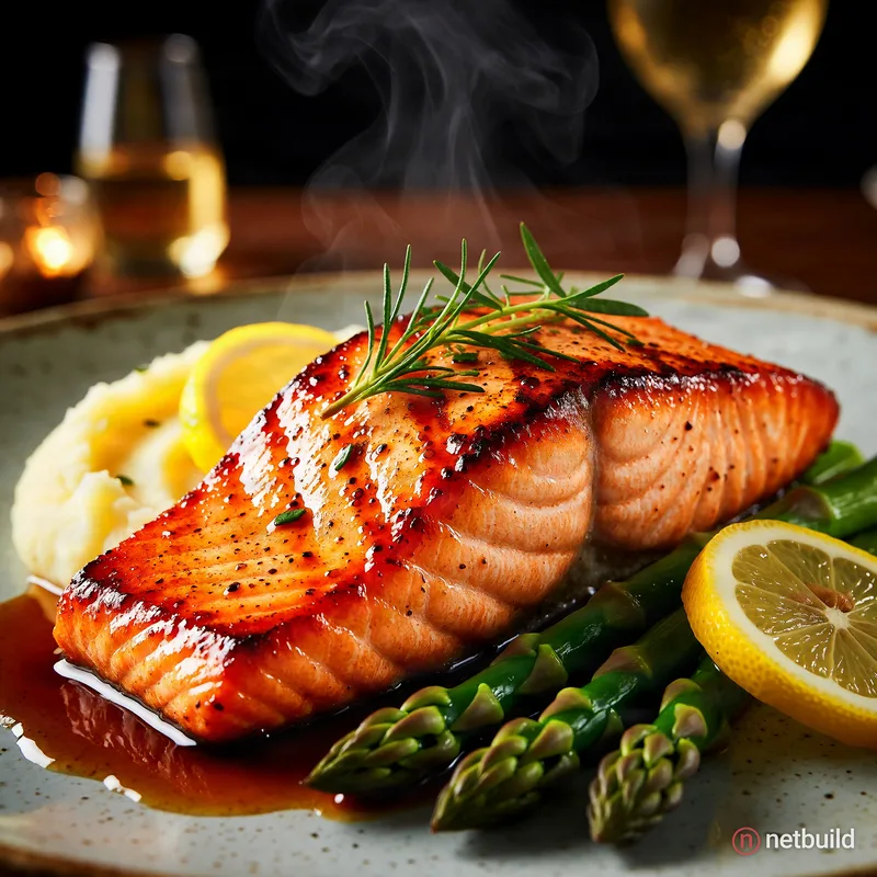 Hyper-realistic food photography of a beautifully plated grilled salmon fillet with a glossy, caramelized surface, …
