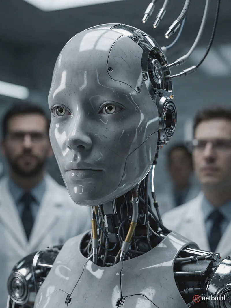 Cinematic close-up portrait of a humanoid android opening its eyes for the first time in a sleek, high-tech …