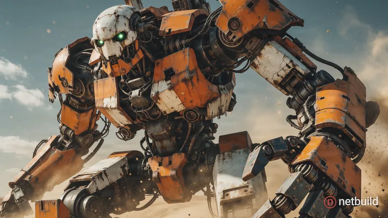 Colossal orange and white mechanical titan with severe battle damage and rust, towering upward. Head featuring glowing …