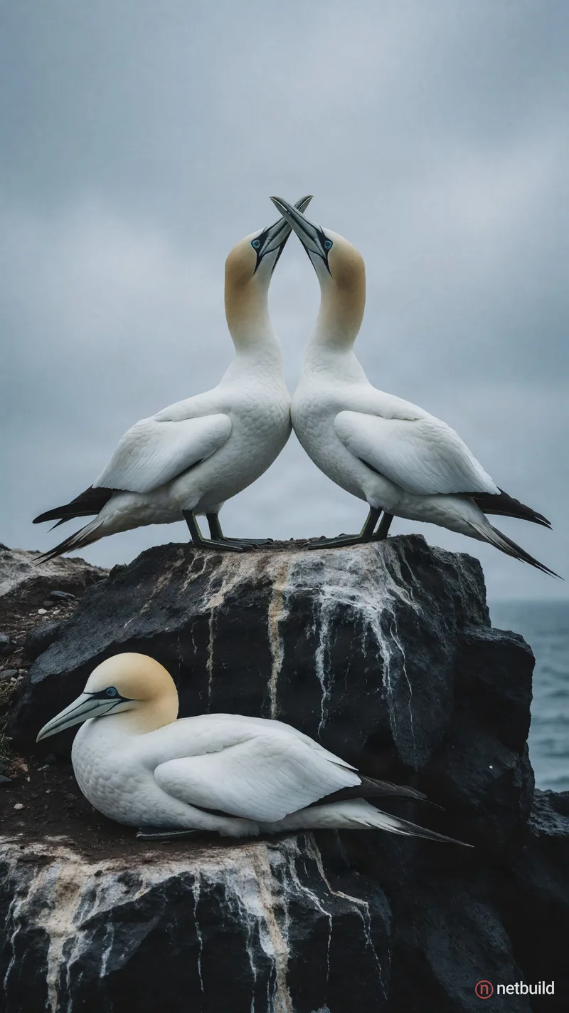 Hyper-realistic wide shot of three gannets on a jagged, dark volcanic rock ledge. Two gannets stand tall in the …