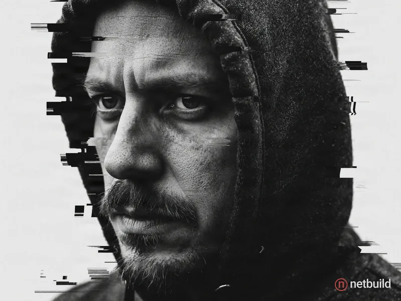 High-contrast black and white digital glitch-art close-up portrait of a man's face angled slightly left, wearing a …
