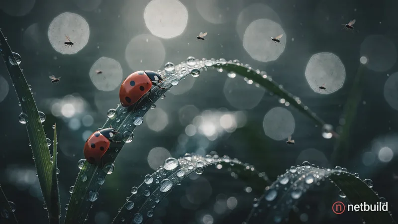 Hyper-realistic macro shot of a vivid red ladybug ascending a curving, deep green grass blade adorned with perfectly …