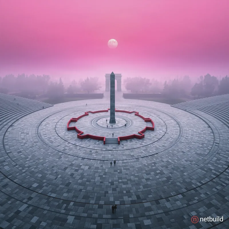 High aerial wide shot of a vast circular plaza featuring concentric gray stone terraces and low red walls centering on a …