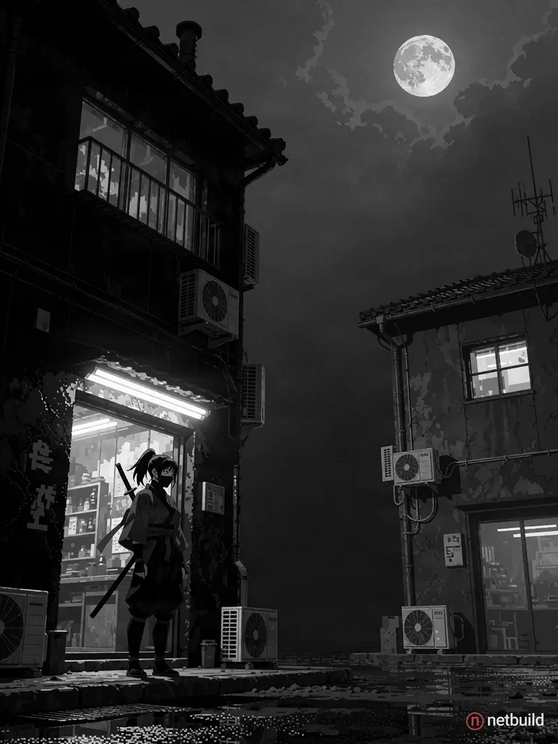 a female assassin ninja in red and black ninja outfit, at night, black and red buildings , dark foggy sky, cyberpunk, fluorescent light, dynamic color...